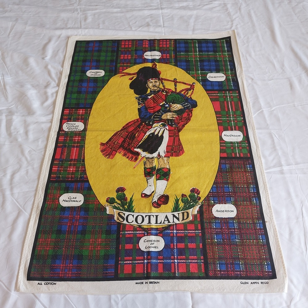 Vintage Glen Appin Scotland Tartan Bagpiper Cotton Tea Towel Made in Britain